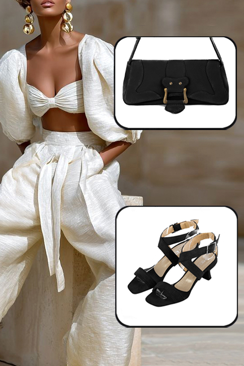 Women's matt black elegant fully open cross straps sandals. Square toe. Medium spool heels - Top view
